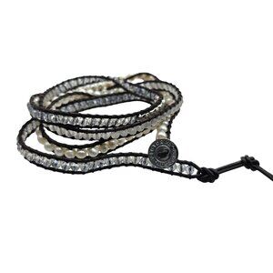 Victoria Emerson Wrap Bracelet faux Pearls Clear Beads Leather Cord boho jewelry